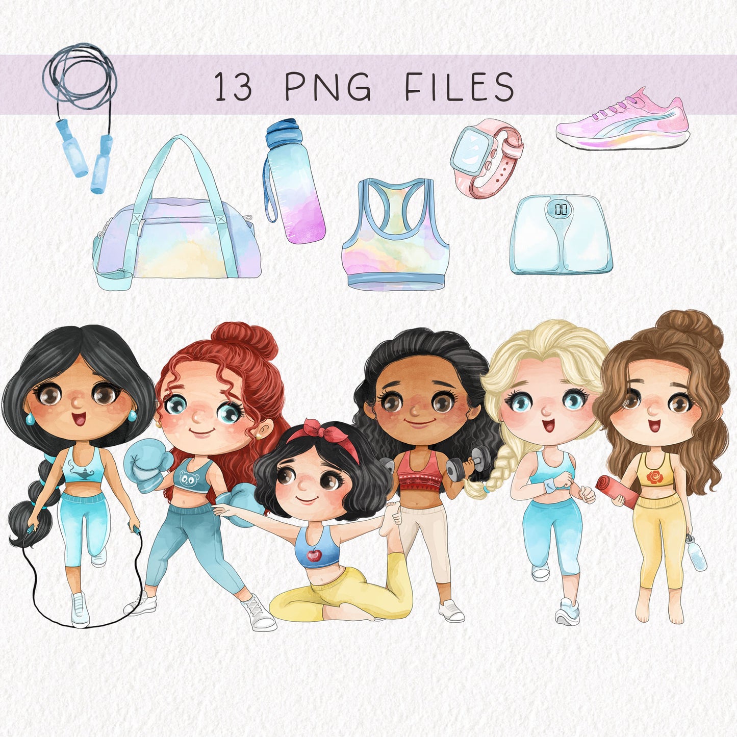 Cute girls workout set 2, PNG files 300 dpi.