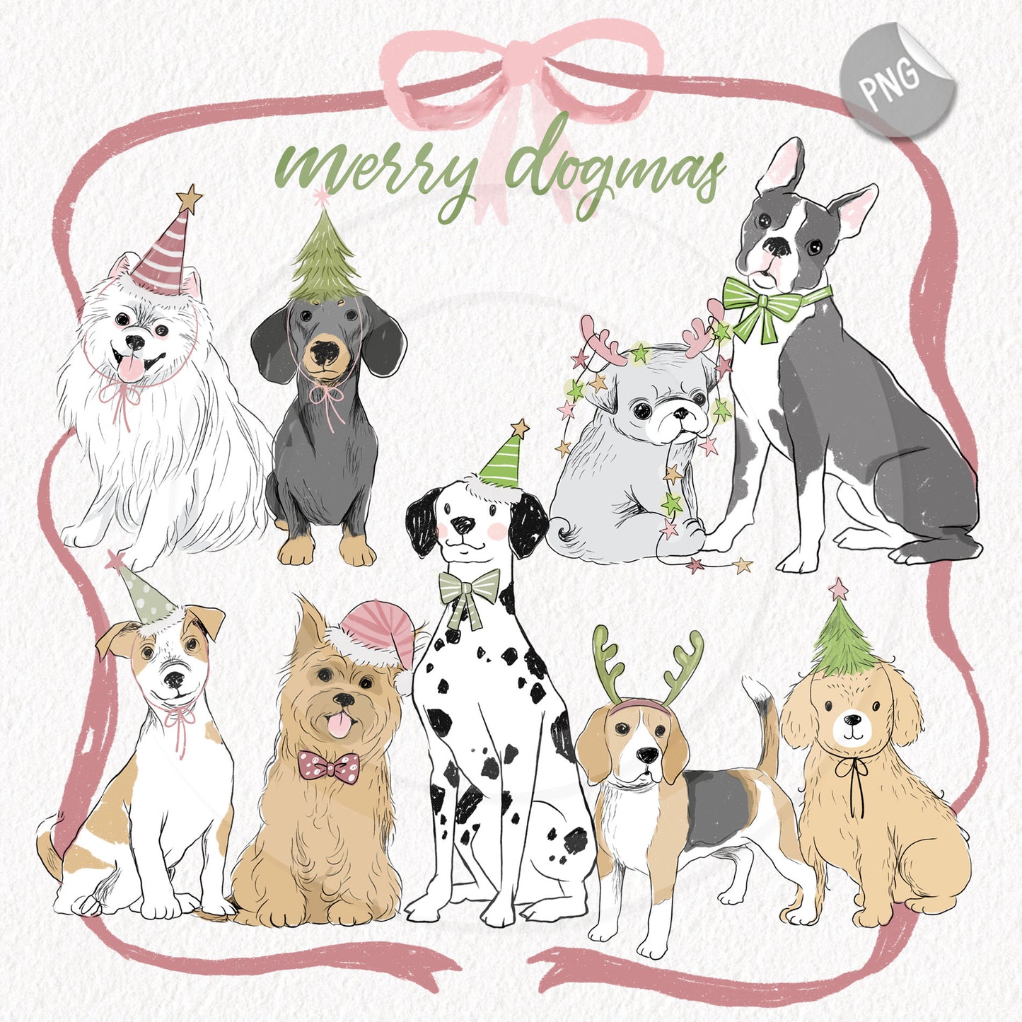 Christmas dog clipart , Hand drawn clipart, Instant Download PNG file - 300 dpi