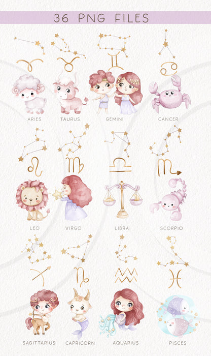 Zodiac Clipart bundles set, instant download PNG file - 300 dpi