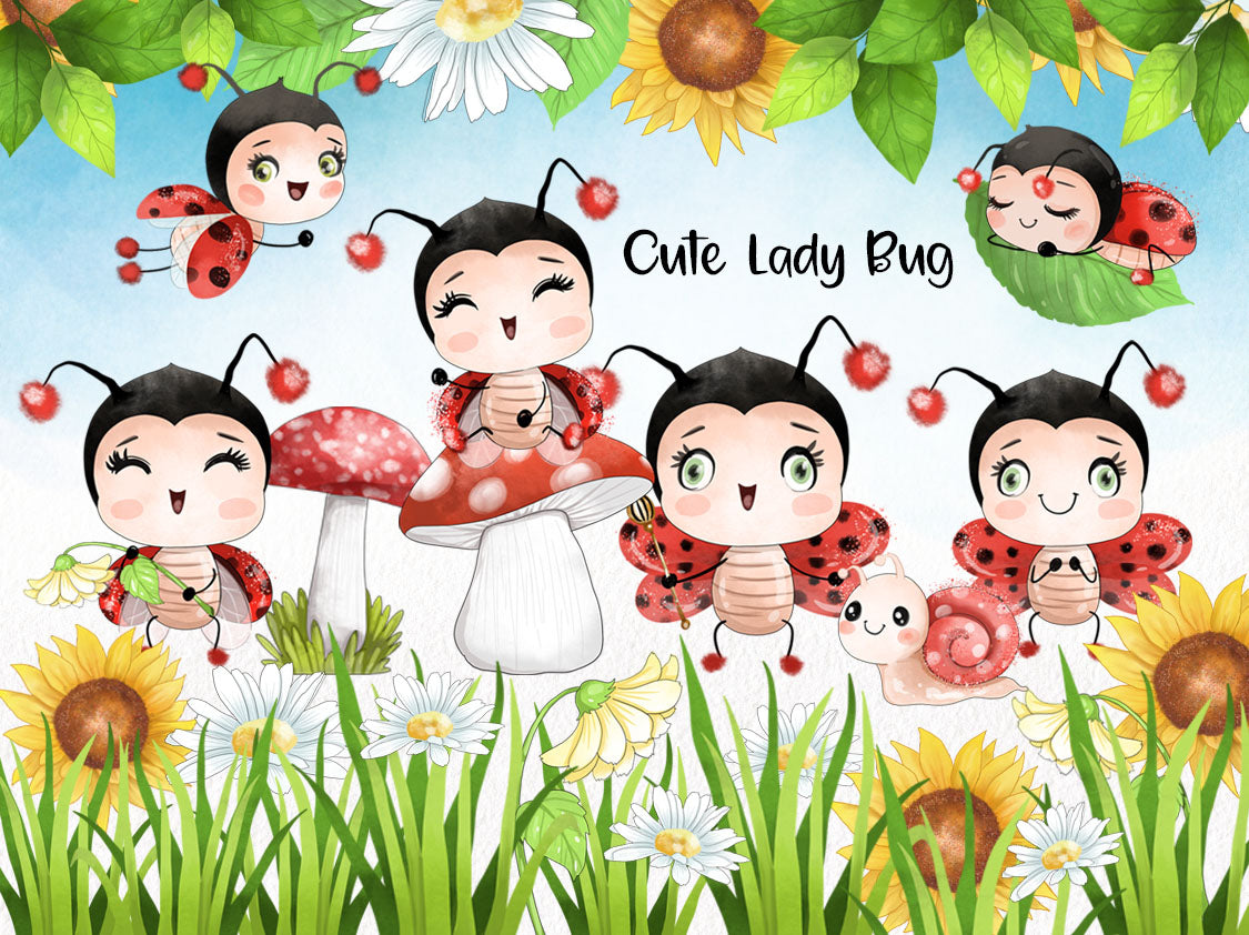 Cute Ladybug Clipart instant download PNG file - 300 dpi