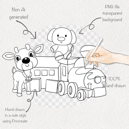 Cute Reindeer and friends ,Blackline art, digital stamp clipart PNG files 300 dpi.