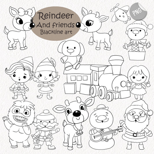 Cute Reindeer and friends ,Blackline art, digital stamp clipart PNG files 300 dpi.