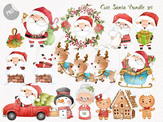 Christmas clipart , Cute Santa clipart Bundle set instant download PNG file - 300 dpi