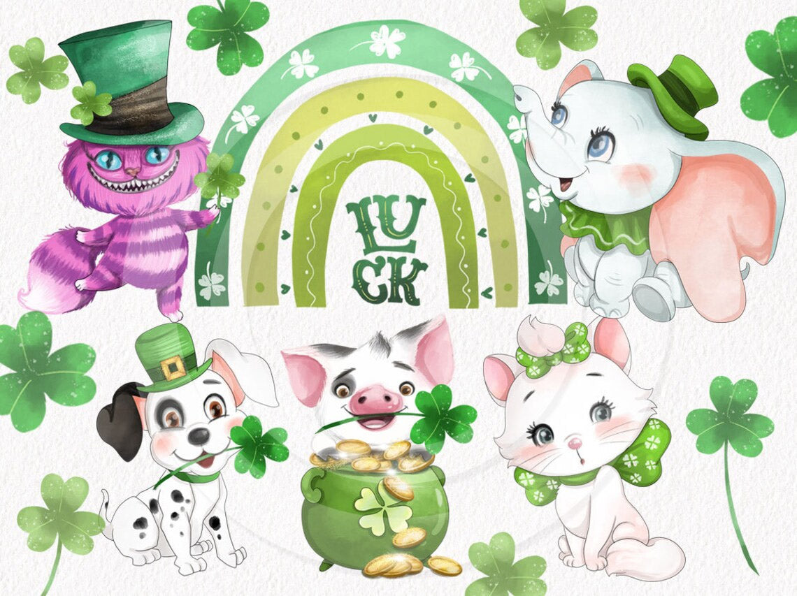 Cute animals St. Patrick's Day Clipart instant download PNG file - 300 dpi