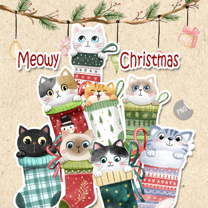 Christmas Cat Stocking clipart PNG files.