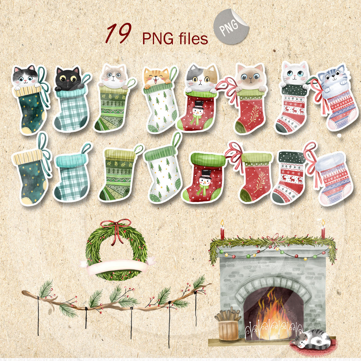 Christmas Cat Stocking clipart PNG files.