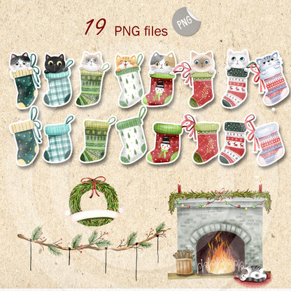 Christmas Cat Stocking clipart PNG files.