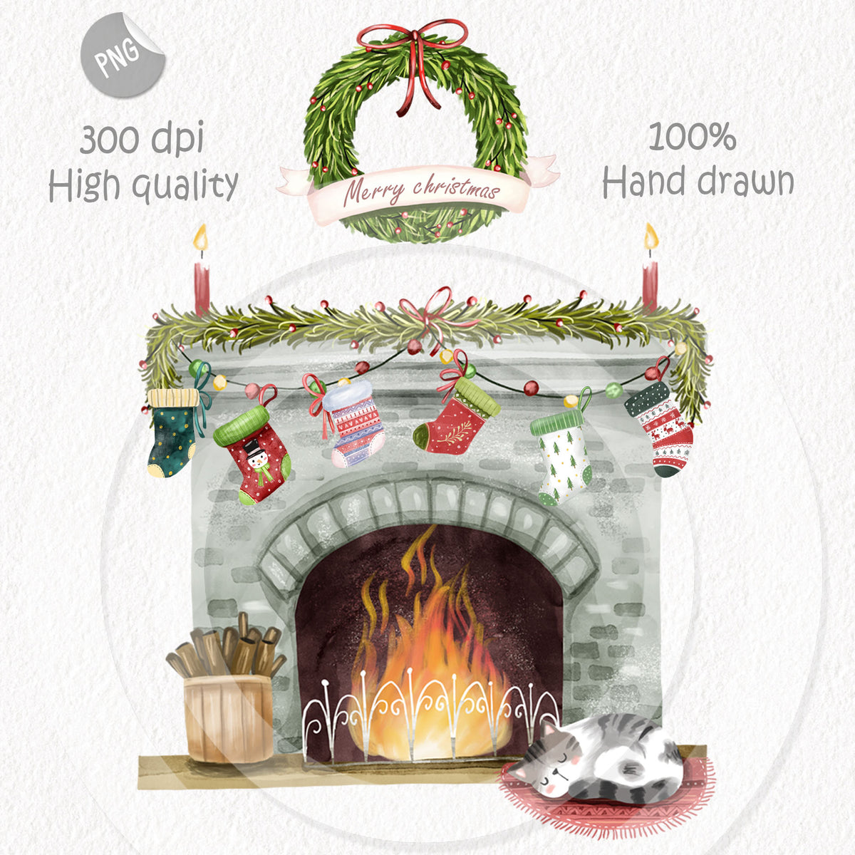 Christmas Cat Stocking clipart PNG files.