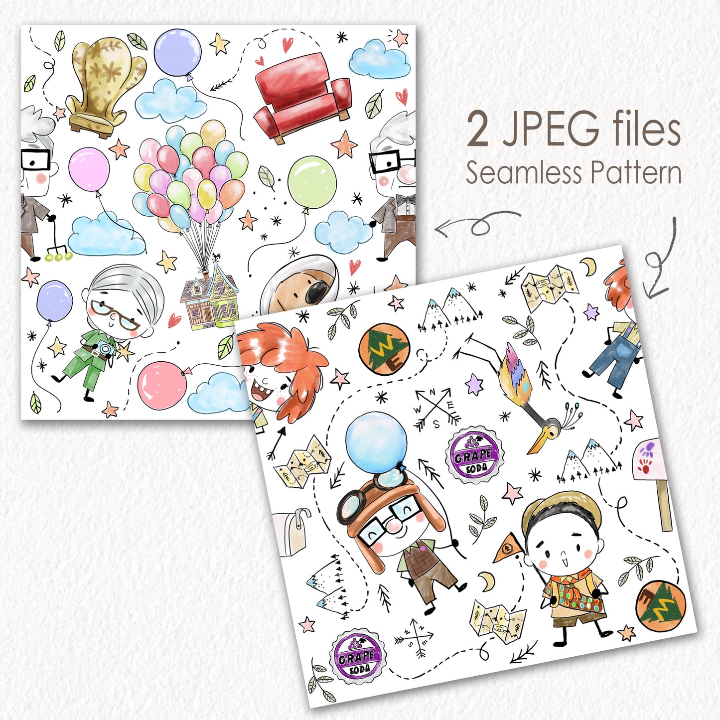 UP adventure Hand Drawn ,doodle clipart, Seamless Pattern, instant download PNG file - 300 dpi