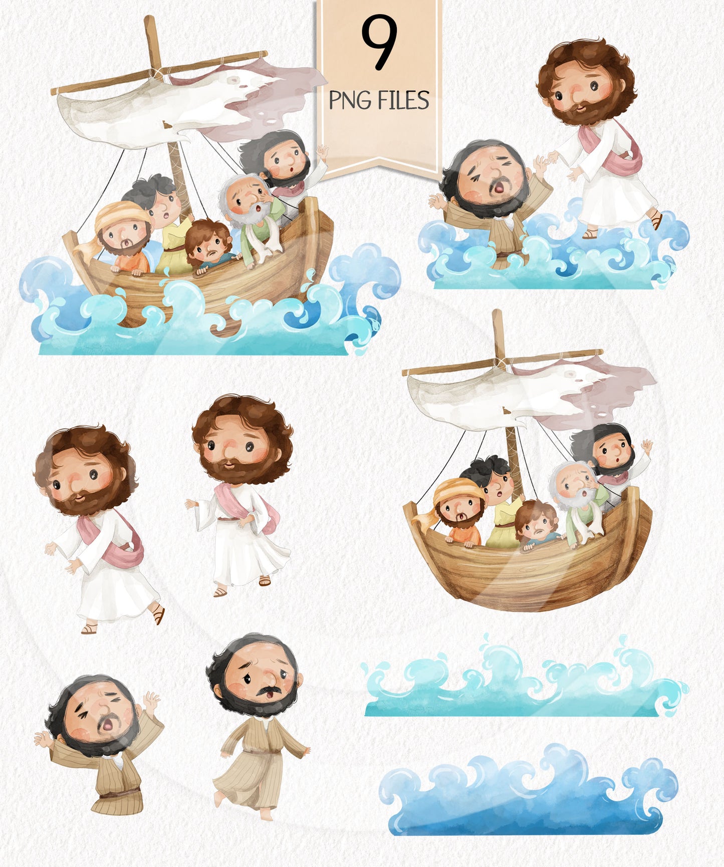 Jesus Walks on Water Clipart, Bible Characters Clipart PNG files 300 dpi.